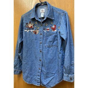 Vintage Christmas Denim Button-Up Blouse with Embroidered Accents